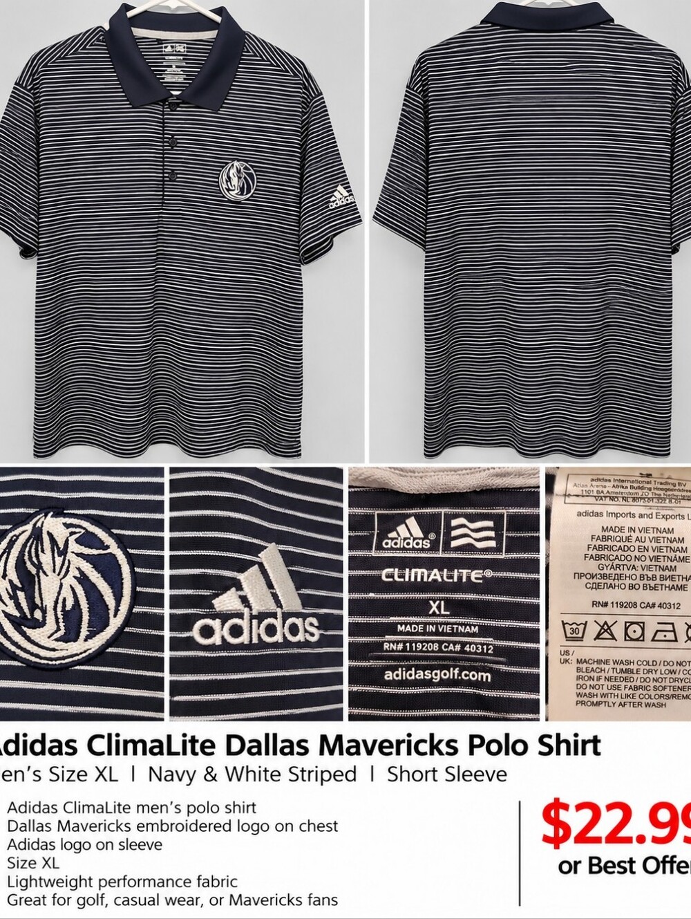 adidas Navy and White Striped Polo Shirt
